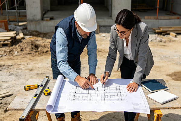 An engineer and an architect reviewing blueprints on-site.